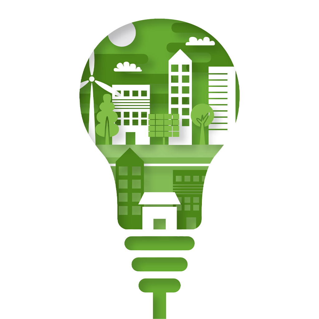 Illustration showing a light bulb that includes images of an urban environment that is sustainable